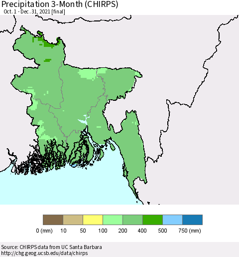 Bangladesh Precipitation 3-Month (CHIRPS) Thematic Map For 10/1/2021 - 12/31/2021