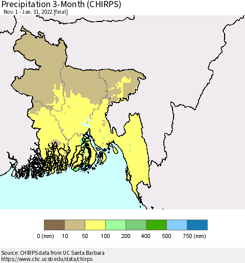 Bangladesh Precipitation 3-Month (CHIRPS) Thematic Map For 11/1/2021 - 1/31/2022