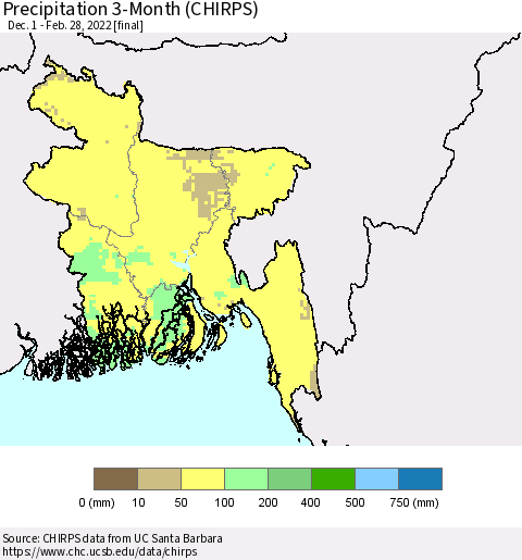 Bangladesh Precipitation 3-Month (CHIRPS) Thematic Map For 12/1/2021 - 2/28/2022