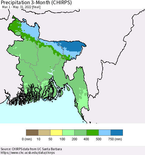 Bangladesh Precipitation 3-Month (CHIRPS) Thematic Map For 3/1/2022 - 5/31/2022
