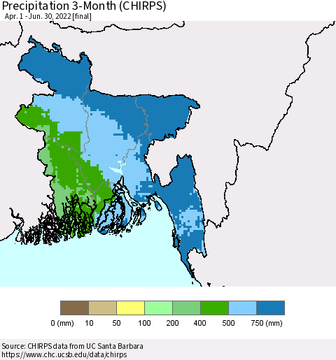 Bangladesh Precipitation 3-Month (CHIRPS) Thematic Map For 4/1/2022 - 6/30/2022