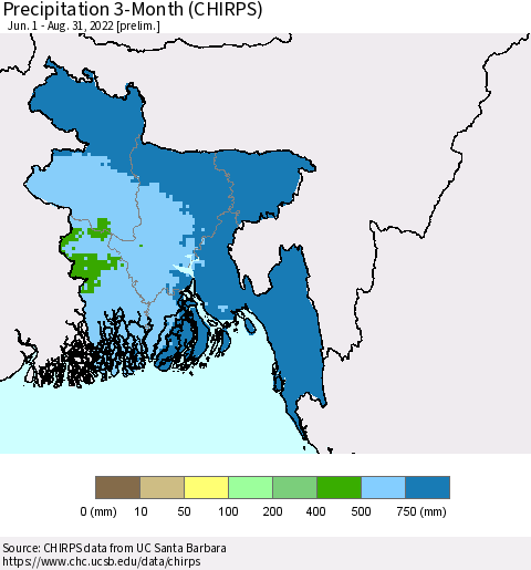 Bangladesh Precipitation 3-Month (CHIRPS) Thematic Map For 6/1/2022 - 8/31/2022
