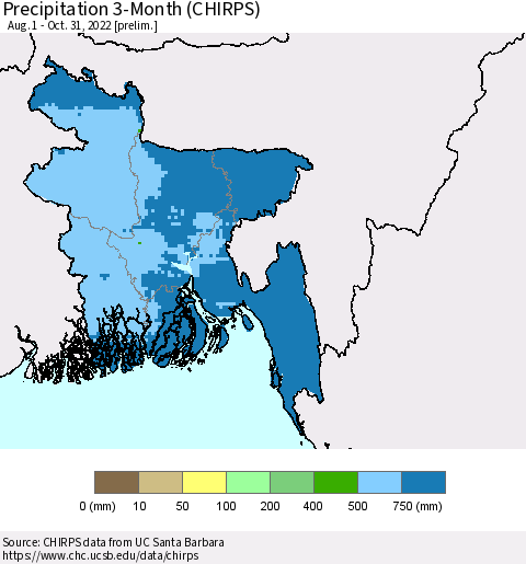 Bangladesh Precipitation 3-Month (CHIRPS) Thematic Map For 8/1/2022 - 10/31/2022