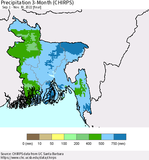 Bangladesh Precipitation 3-Month (CHIRPS) Thematic Map For 9/1/2022 - 11/30/2022