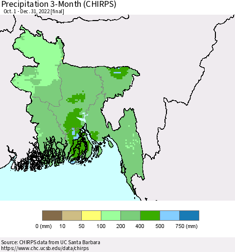Bangladesh Precipitation 3-Month (CHIRPS) Thematic Map For 10/1/2022 - 12/31/2022