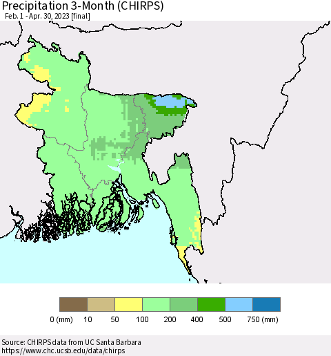 Bangladesh Precipitation 3-Month (CHIRPS) Thematic Map For 2/1/2023 - 4/30/2023