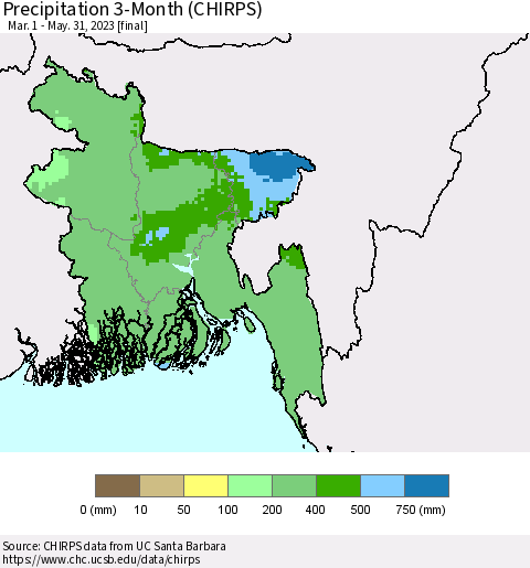 Bangladesh Precipitation 3-Month (CHIRPS) Thematic Map For 3/1/2023 - 5/31/2023