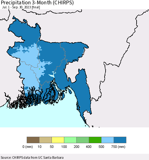 Bangladesh Precipitation 3-Month (CHIRPS) Thematic Map For 7/1/2023 - 9/30/2023