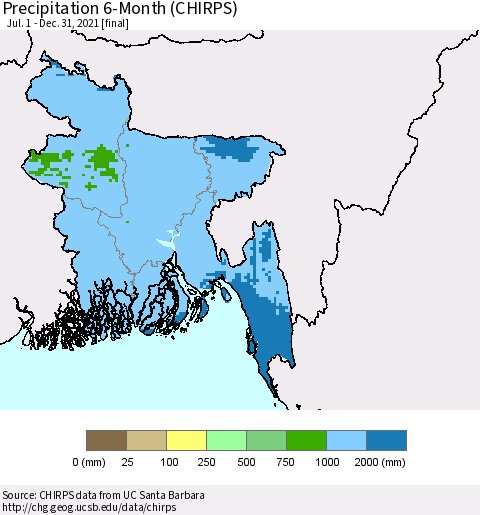 Bangladesh Precipitation 6-Month (CHIRPS) Thematic Map For 7/1/2021 - 12/31/2021