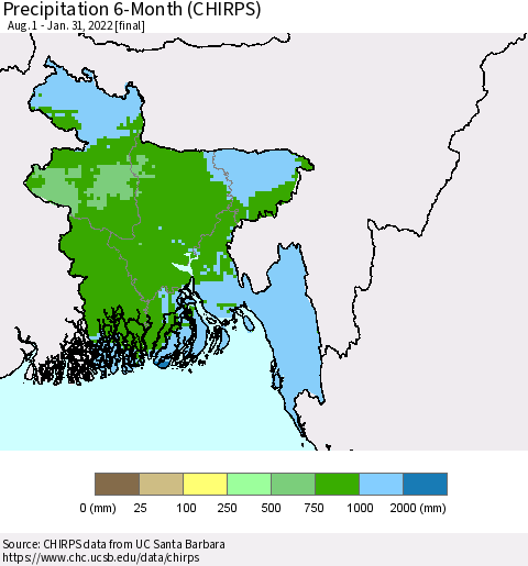 Bangladesh Precipitation 6-Month (CHIRPS) Thematic Map For 8/1/2021 - 1/31/2022