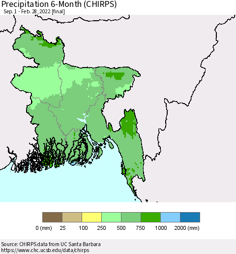 Bangladesh Precipitation 6-Month (CHIRPS) Thematic Map For 9/1/2021 - 2/28/2022