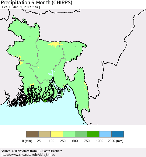 Bangladesh Precipitation 6-Month (CHIRPS) Thematic Map For 10/1/2021 - 3/31/2022