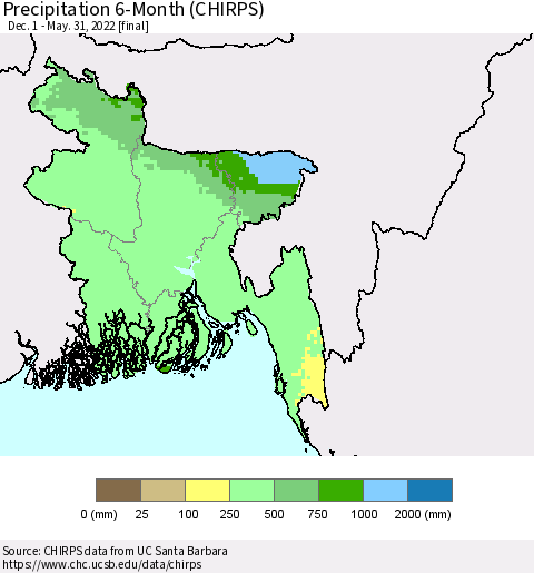 Bangladesh Precipitation 6-Month (CHIRPS) Thematic Map For 12/1/2021 - 5/31/2022