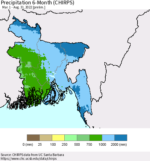 Bangladesh Precipitation 6-Month (CHIRPS) Thematic Map For 3/1/2022 - 8/31/2022
