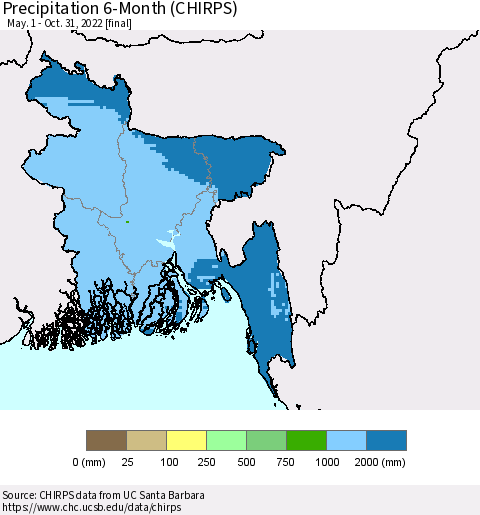 Bangladesh Precipitation 6-Month (CHIRPS) Thematic Map For 5/1/2022 - 10/31/2022