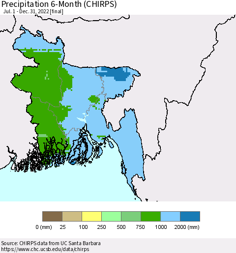 Bangladesh Precipitation 6-Month (CHIRPS) Thematic Map For 7/1/2022 - 12/31/2022