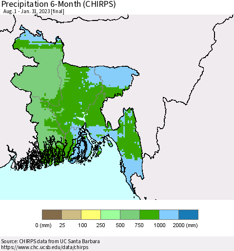 Bangladesh Precipitation 6-Month (CHIRPS) Thematic Map For 8/1/2022 - 1/31/2023
