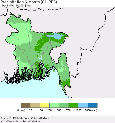 Bangladesh Precipitation 6-Month (CHIRPS) Thematic Map For 9/1/2022 - 2/28/2023