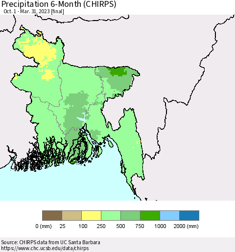 Bangladesh Precipitation 6-Month (CHIRPS) Thematic Map For 10/1/2022 - 3/31/2023