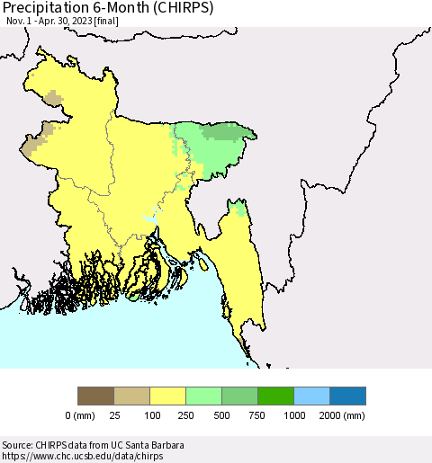 Bangladesh Precipitation 6-Month (CHIRPS) Thematic Map For 11/1/2022 - 4/30/2023