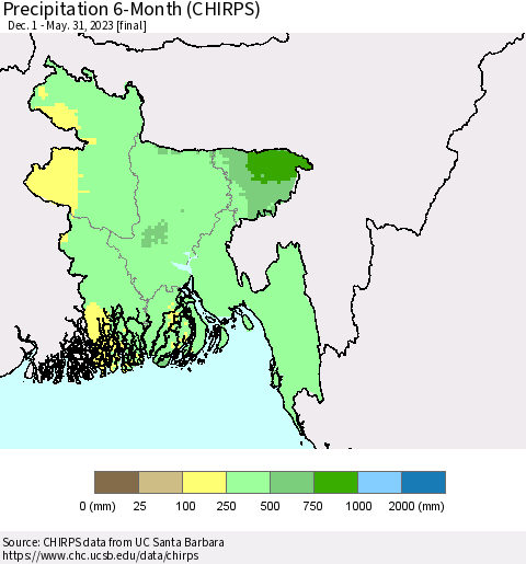 Bangladesh Precipitation 6-Month (CHIRPS) Thematic Map For 12/1/2022 - 5/31/2023