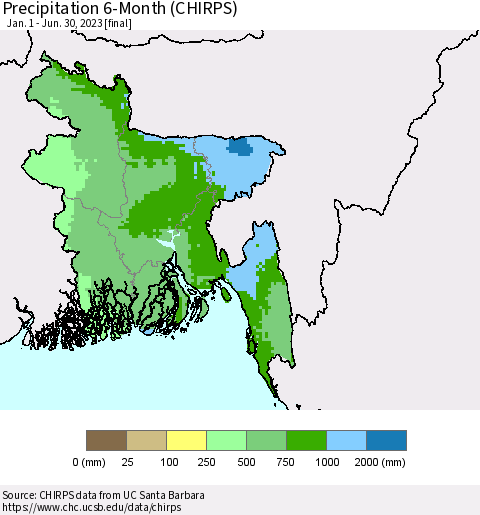Bangladesh Precipitation 6-Month (CHIRPS) Thematic Map For 1/1/2023 - 6/30/2023