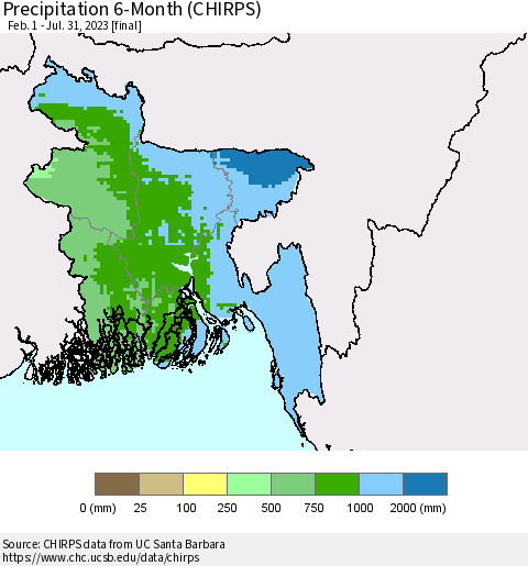 Bangladesh Precipitation 6-Month (CHIRPS) Thematic Map For 2/1/2023 - 7/31/2023