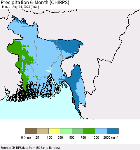 Bangladesh Precipitation 6-Month (CHIRPS) Thematic Map For 3/1/2023 - 8/31/2023