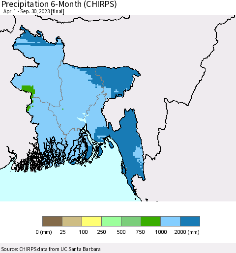 Bangladesh Precipitation 6-Month (CHIRPS) Thematic Map For 4/1/2023 - 9/30/2023