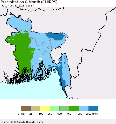 Bangladesh Precipitation 6-Month (CHIRPS) Thematic Map For 7/1/2023 - 12/31/2023