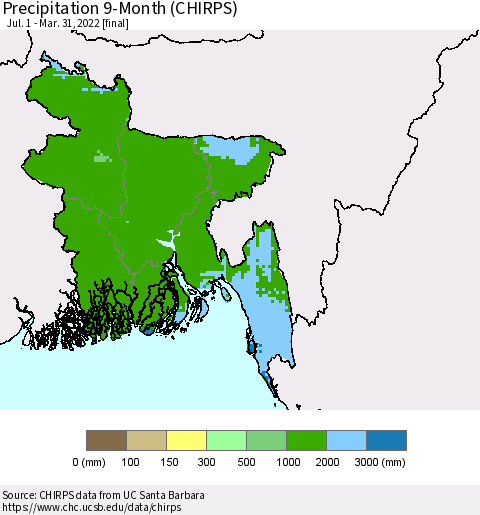 Bangladesh Precipitation 9-Month (CHIRPS) Thematic Map For 7/1/2021 - 3/31/2022