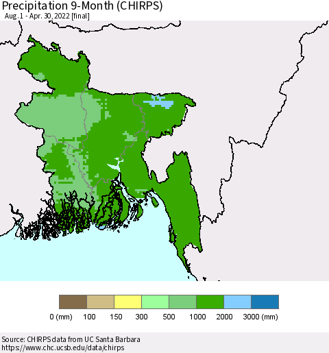 Bangladesh Precipitation 9-Month (CHIRPS) Thematic Map For 8/1/2021 - 4/30/2022