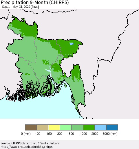 Bangladesh Precipitation 9-Month (CHIRPS) Thematic Map For 9/1/2021 - 5/31/2022