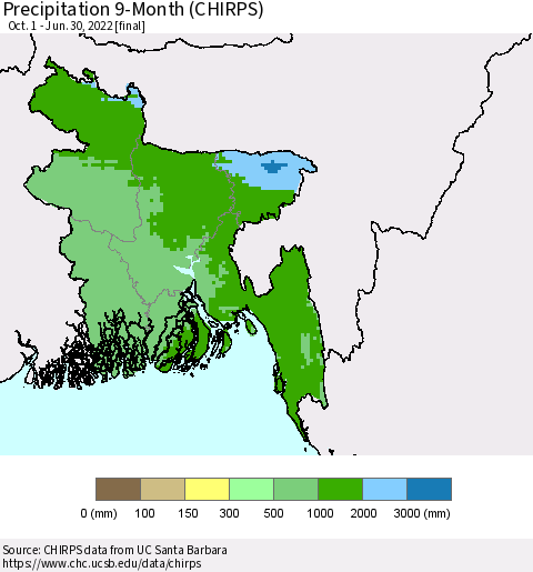 Bangladesh Precipitation 9-Month (CHIRPS) Thematic Map For 10/1/2021 - 6/30/2022