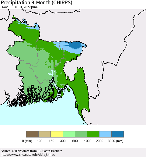 Bangladesh Precipitation 9-Month (CHIRPS) Thematic Map For 11/1/2021 - 7/31/2022