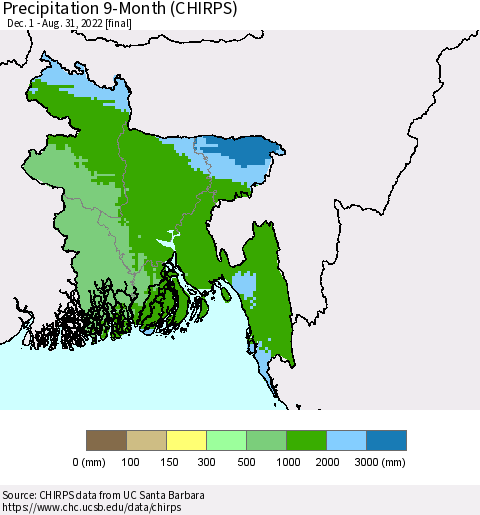 Bangladesh Precipitation 9-Month (CHIRPS) Thematic Map For 12/1/2021 - 8/31/2022