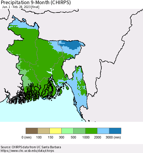 Bangladesh Precipitation 9-Month (CHIRPS) Thematic Map For 6/1/2022 - 2/28/2023