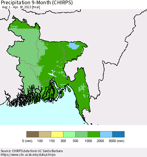 Bangladesh Precipitation 9-Month (CHIRPS) Thematic Map For 8/1/2022 - 4/30/2023