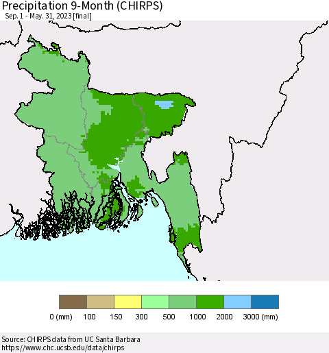 Bangladesh Precipitation 9-Month (CHIRPS) Thematic Map For 9/1/2022 - 5/31/2023