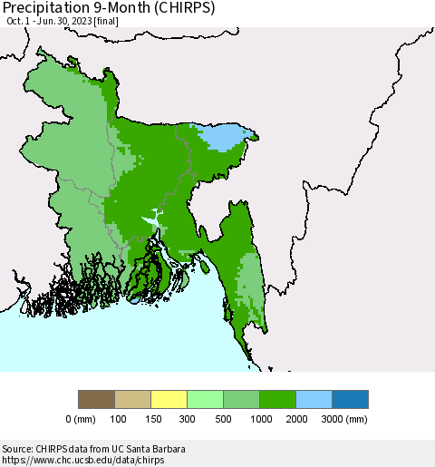 Bangladesh Precipitation 9-Month (CHIRPS) Thematic Map For 10/1/2022 - 6/30/2023