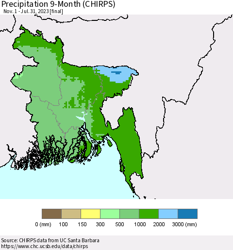 Bangladesh Precipitation 9-Month (CHIRPS) Thematic Map For 11/1/2022 - 7/31/2023