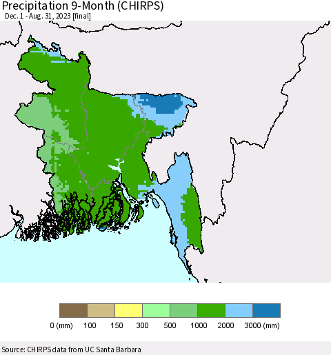 Bangladesh Precipitation 9-Month (CHIRPS) Thematic Map For 12/1/2022 - 8/31/2023