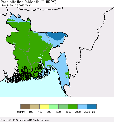 Bangladesh Precipitation 9-Month (CHIRPS) Thematic Map For 1/1/2023 - 9/30/2023