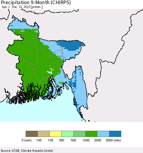 Bangladesh Precipitation 9-Month (CHIRPS) Thematic Map For 4/1/2023 - 12/31/2023