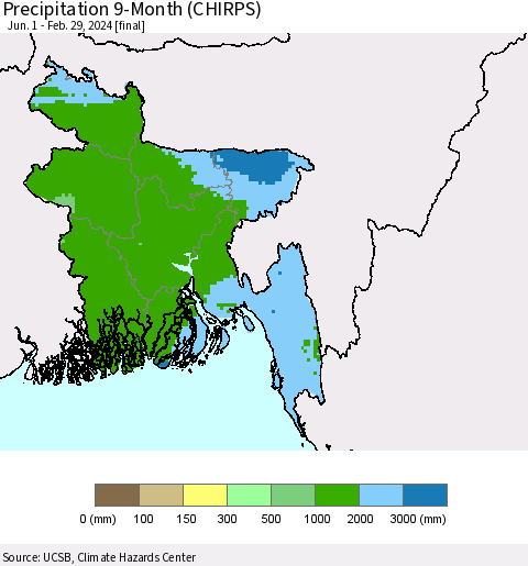 Bangladesh Precipitation 9-Month (CHIRPS) Thematic Map For 6/1/2023 - 2/29/2024