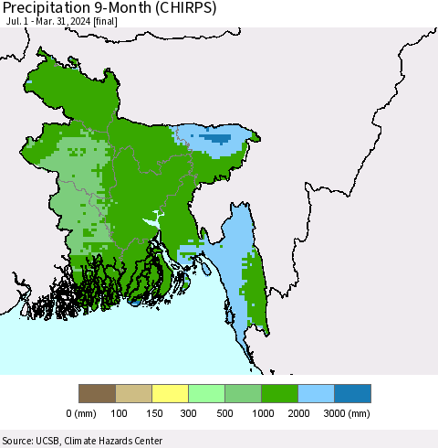 Bangladesh Precipitation 9-Month (CHIRPS) Thematic Map For 7/1/2023 - 3/31/2024
