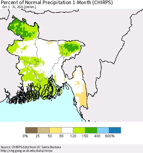 Bangladesh Percent of Normal Precipitation 1-Month (CHIRPS) Thematic Map For 10/1/2021 - 10/31/2021