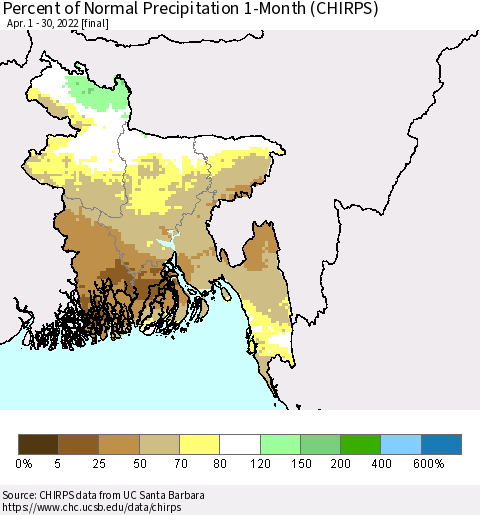 Bangladesh Percent of Normal Precipitation 1-Month (CHIRPS) Thematic Map For 4/1/2022 - 4/30/2022