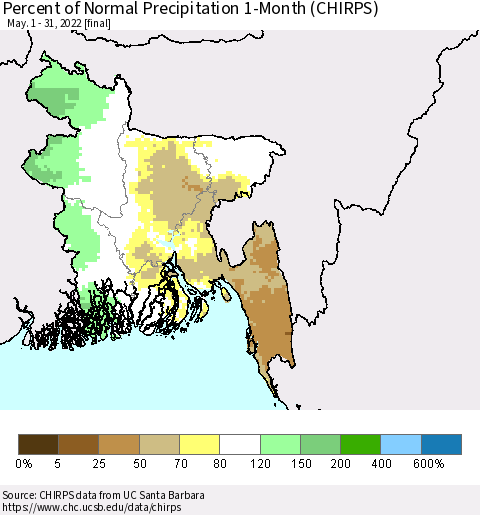Bangladesh Percent of Normal Precipitation 1-Month (CHIRPS) Thematic Map For 5/1/2022 - 5/31/2022