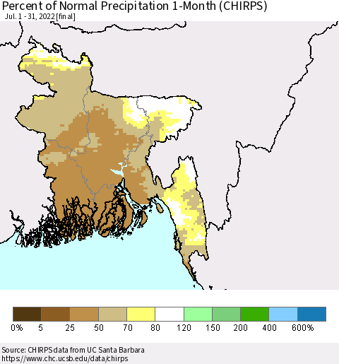 Bangladesh Percent of Normal Precipitation 1-Month (CHIRPS) Thematic Map For 7/1/2022 - 7/31/2022